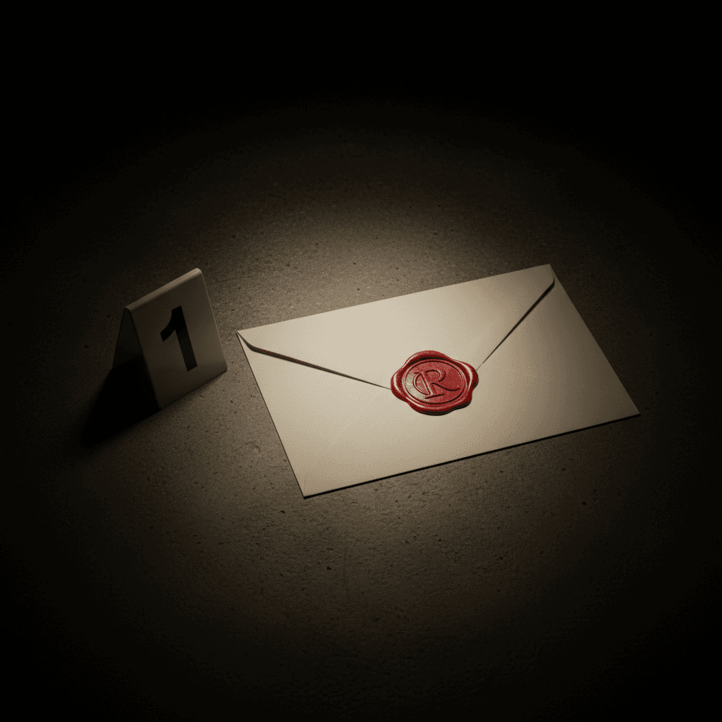 Envelope lacrado com selo de cera vermelho sobre uma mesa escura