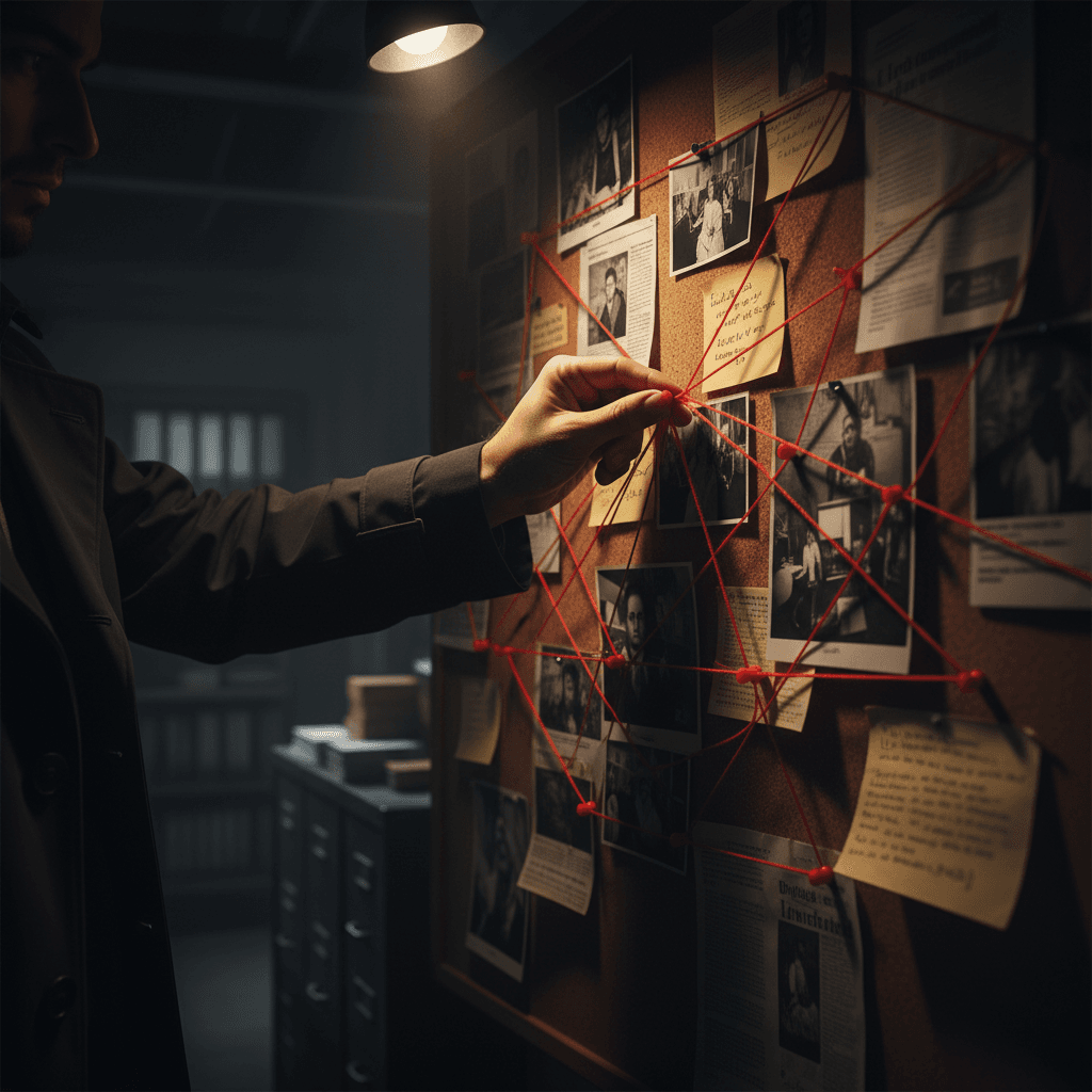 Investigador conectando fotografias e anotações em um quadro de evidências com barbante vermelho