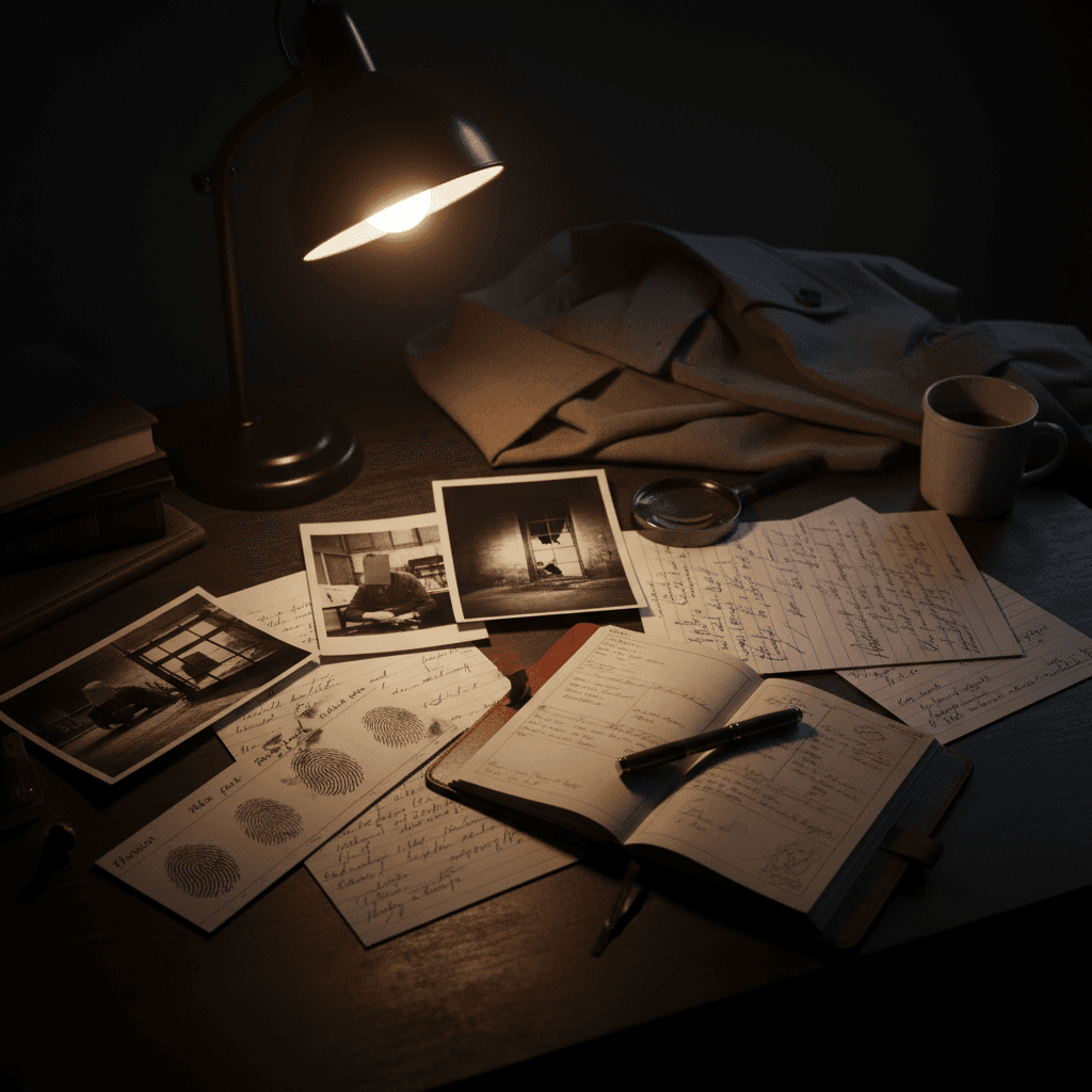 Mesa de detetive iluminada por um abajur, com fotografias, digitais e anotações manuscritas